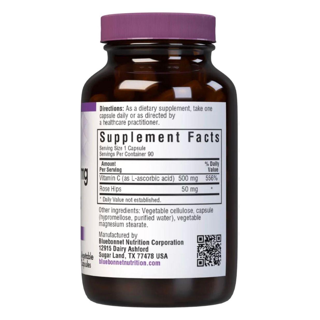 Bluebonnet Kosher Vitamin C 500 mg with Rose Hips supplement in 90 vegetable capsules, natural vitamin supplement by Pasteur Pharmacy