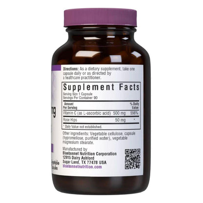 Bluebonnet Kosher Vitamin C 500 mg with Rose Hips supplement in 90 vegetable capsules, natural vitamin supplement by Pasteur Pharmacy