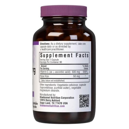 Bluebonnet Kosher Vitamin C 500 mg with Rose Hips supplement in 90 vegetable capsules, natural vitamin supplement by Pasteur Pharmacy
