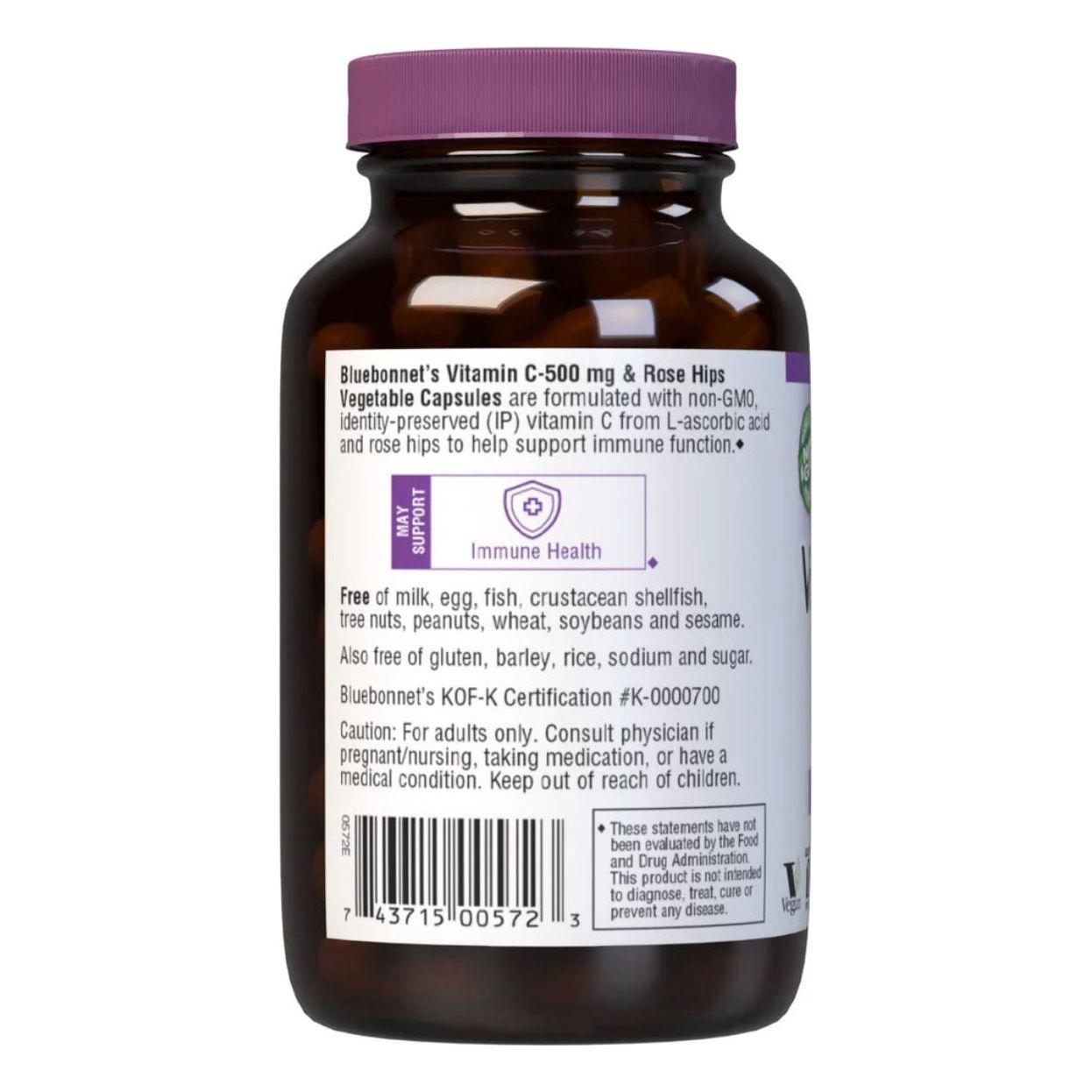 Bluebonnet Kosher Vitamin C supplement with rose hips in 90 vegetable capsules, supporting immune health and natural wellness.