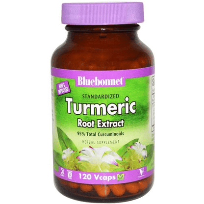 Bluebonnet Turmeric Root Extract vitamin supplement in 120 vegetable capsules, featuring natural turmeric root imagery.