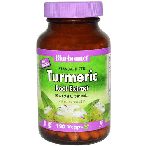 Bluebonnet Turmeric Root Extract vitamin supplement in 120 vegetable capsules, featuring natural turmeric root imagery.