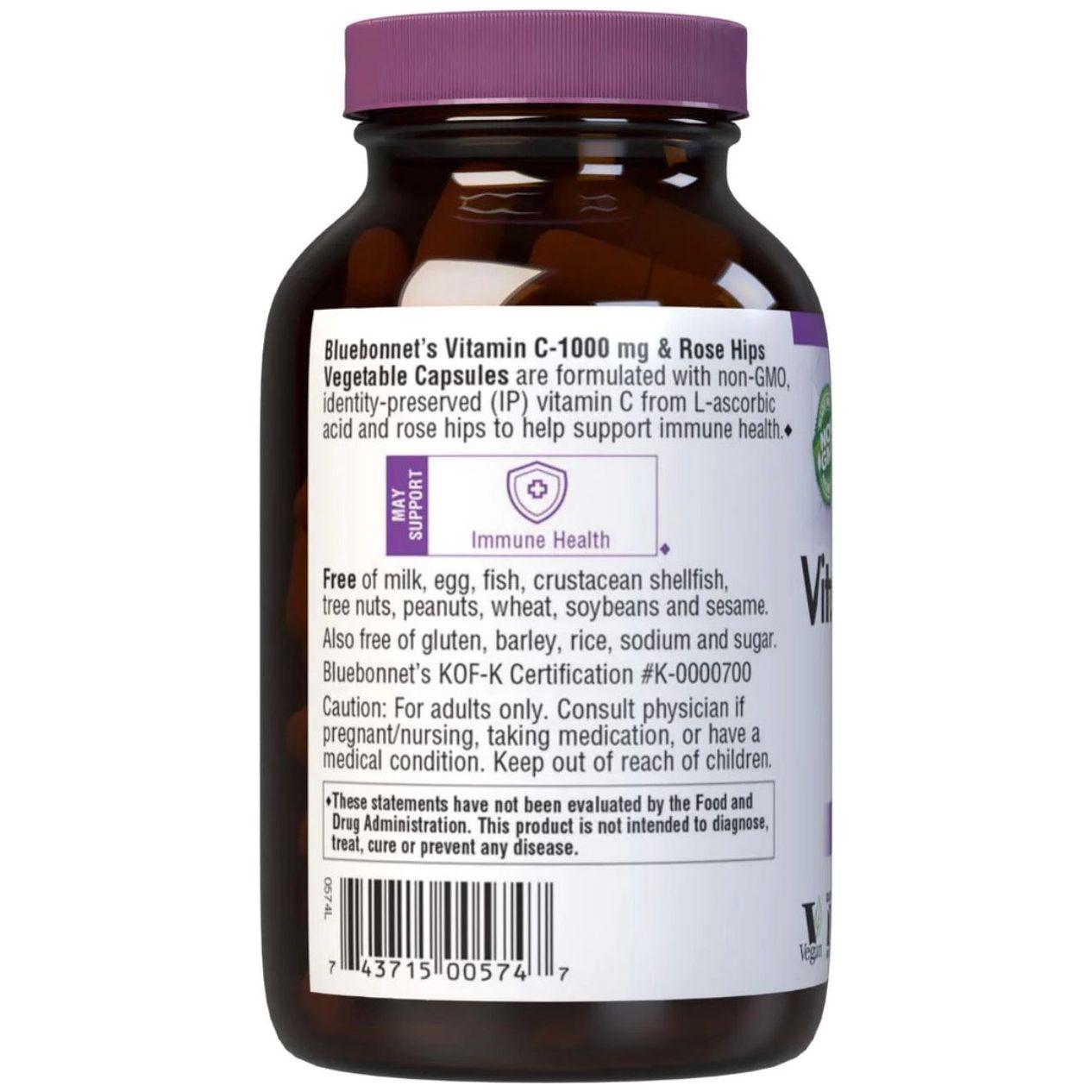 BlueBonnet Vitamin Plus Rosehips C 1000 mg supplement in 90 vegetable capsules, providing immune support and antioxidant benefits.