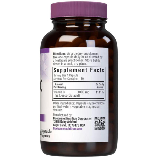 Bluebonnets Vitamin C 1000mg supplement in 180 capsules, natural vitamin C supplement by Pasteur Pharmacy.