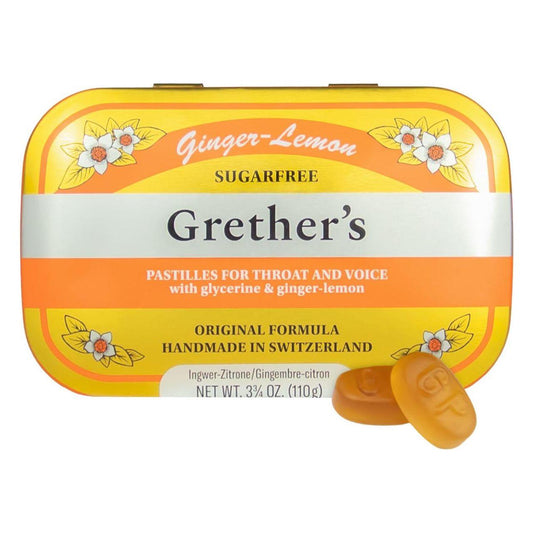 Grethers Pastilles Ginger Lemon sugarfree vitamin supplement in 3.75 oz package with lemon and ginger flavors.