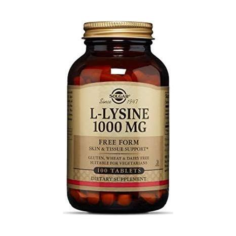 Solgar L-Lysine 1000 mg vitamin supplement bottle with 100 tablets, used to support immune and skin health.