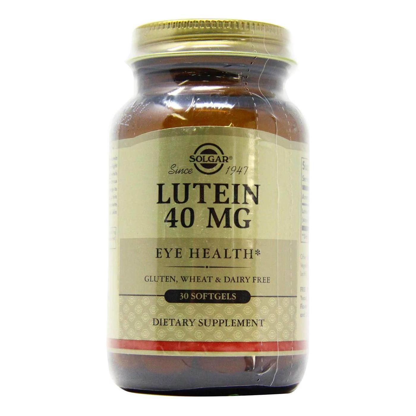 Solgar Lutein 40 mg vitamin supplement in 30 softgels, designed to support eye health and vision.