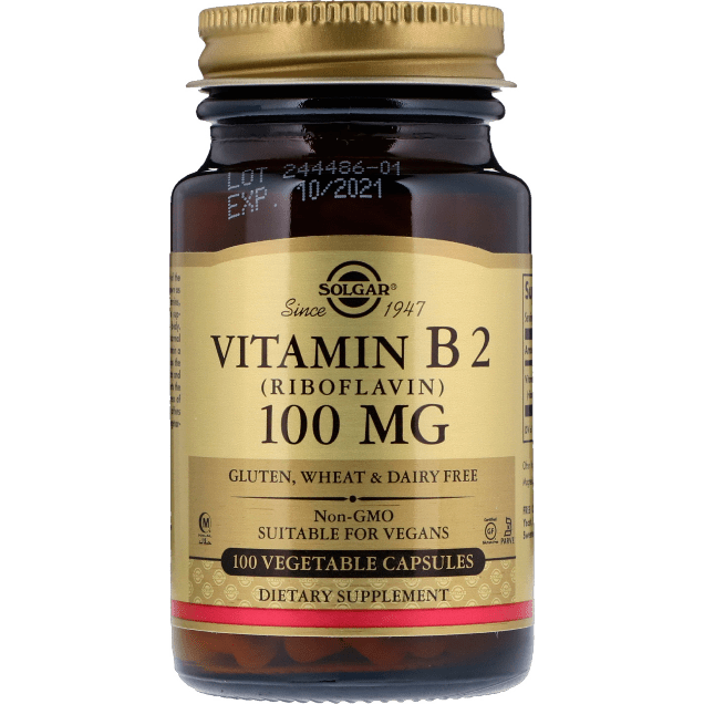 Solgar Vitamin B2 (Riboflavin) 100 mg vegetable capsules, dietary supplement bottle showing capsules and label.
