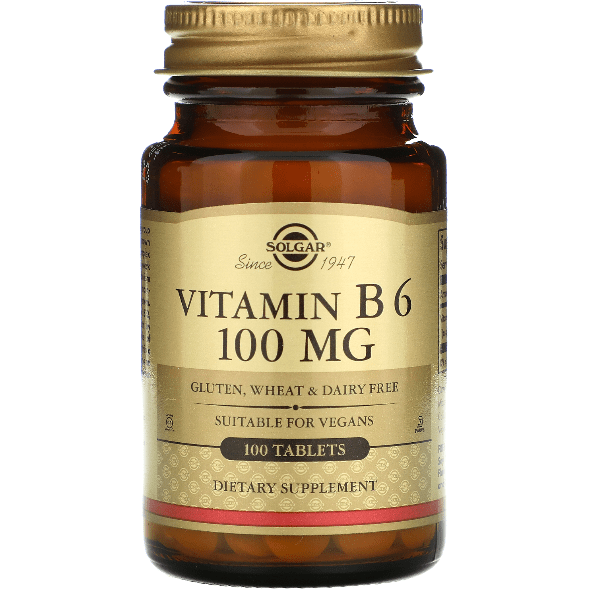 Solgar Vitamin B6 100mg vegetable capsules, dietary supplement in a clear bottle, with label showing product details.