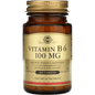Solgar Vitamin B6 100mg vegetable capsules, dietary supplement in a clear bottle, with label showing product details.