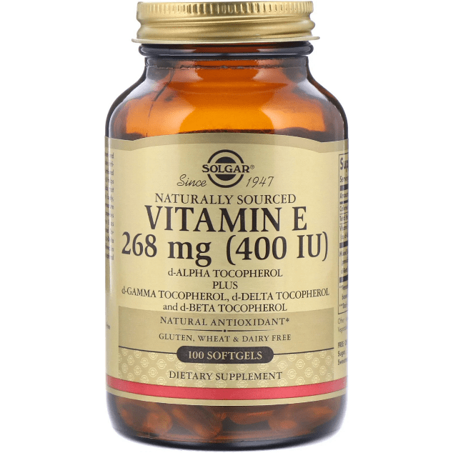 Solgar Vitamin E 268 mg (400 IU) softgels, dietary supplement, in a bottle with 100 softgel capsules.
