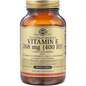 Solgar Vitamin E 268 mg (400 IU) softgels, dietary supplement, in a bottle with 100 softgel capsules.