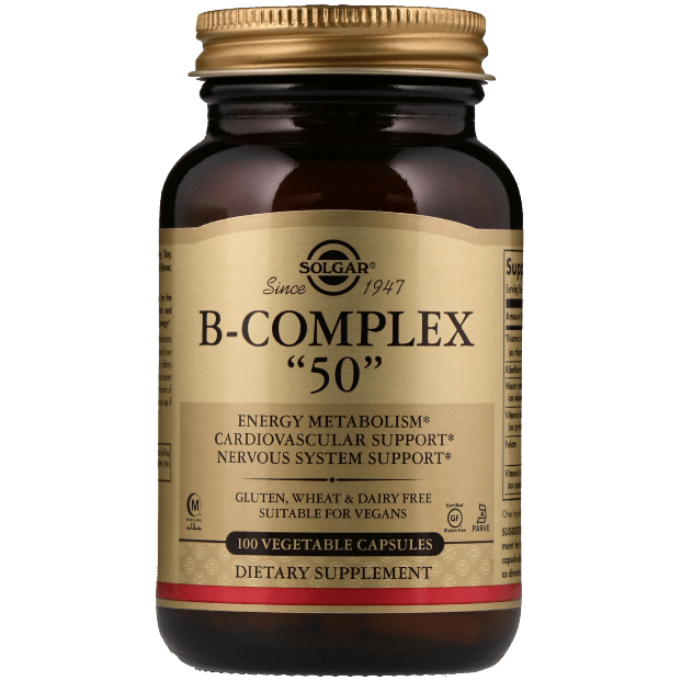 Solgar B-Complex 50 vitamin supplement in 100 vegetable capsules, dietary supplement for energy and overall health.