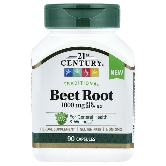 Bottle of 21st Century Beet Root capsules by Pasteur Pharmacy, showing 90 capsules of 500 mg each in clear container.