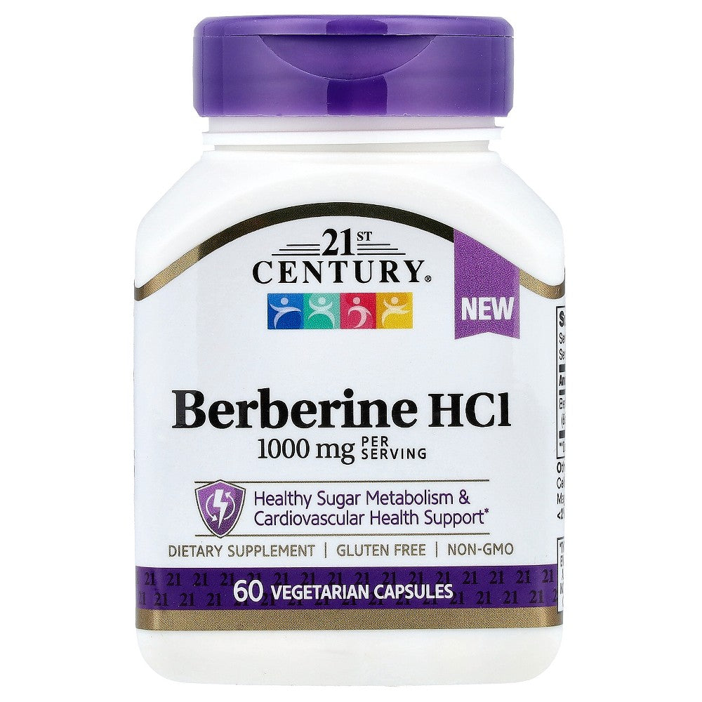 21st Century Berberine HCI vegetarian capsules, 60 count, 500 mg per capsule, dietary supplement in a clear bottle