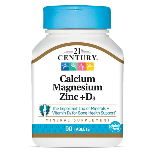 21st Century Cal Mag Zinc D tablets, dietary supplement bottles showing 90 count of vitamins and minerals by Pasteur Pharmacy