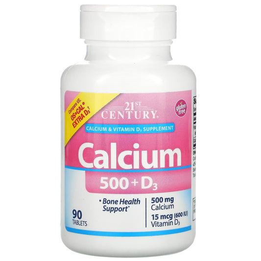 Bottle of 21st Century Calcium Plus Extra D vitamins and supplements showing the label and dosage information.