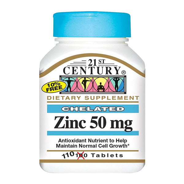 Bottle of 21st Century Chelated Zinc 50 mg immune support supplements with 110 tablets from Pasteur Pharmacy.
