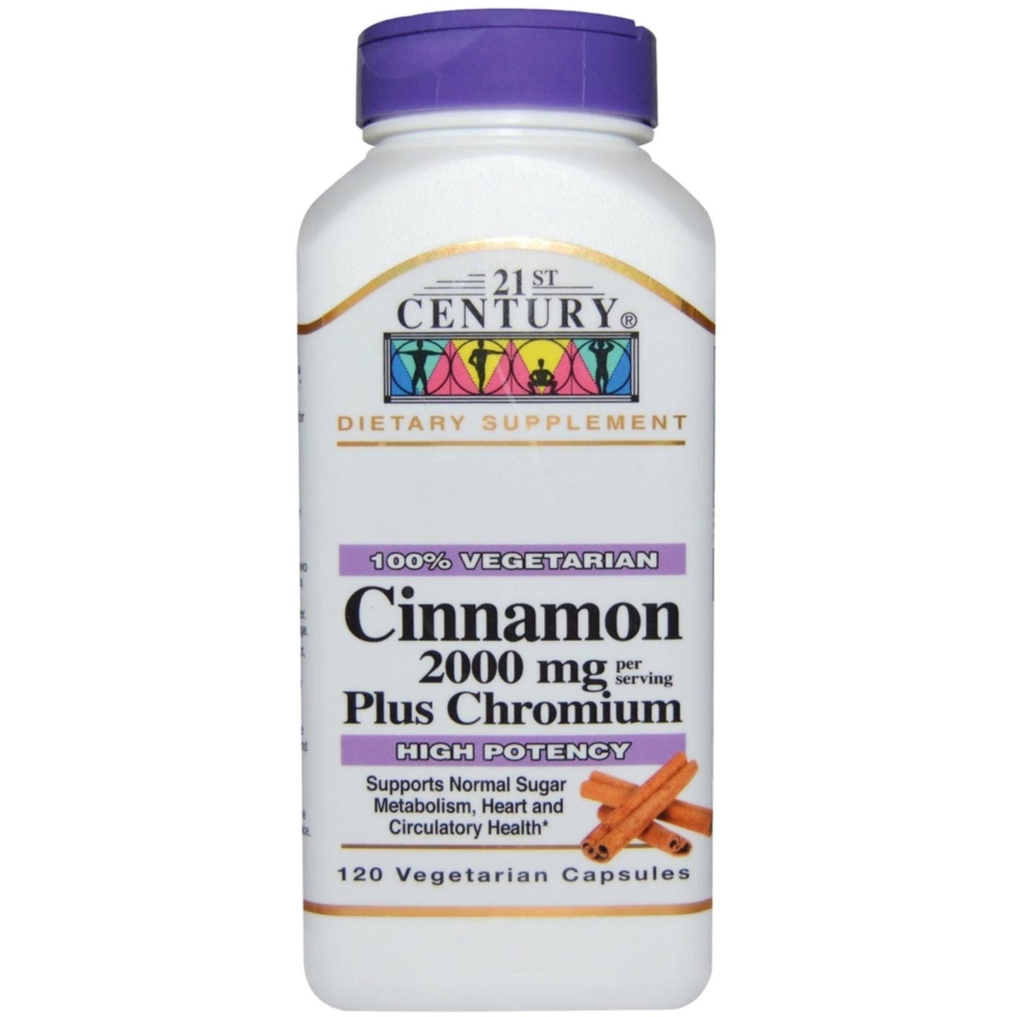 21st Century Cinnamon 2000mg plus Chromium caplets in bottle, dietary supplement for health and wellness.