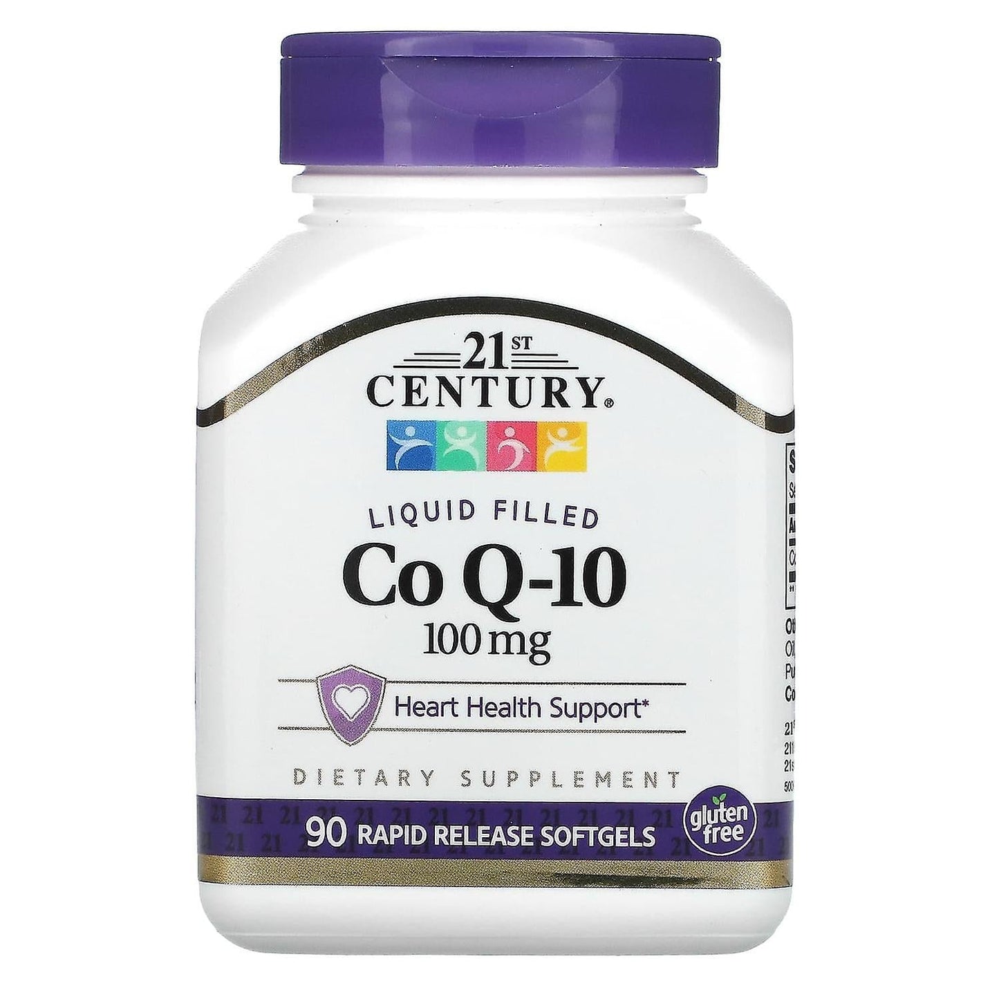 21st Century CoQ10 100 mg softgels, dietary supplement in clear softgel capsules, designed for heart health support.