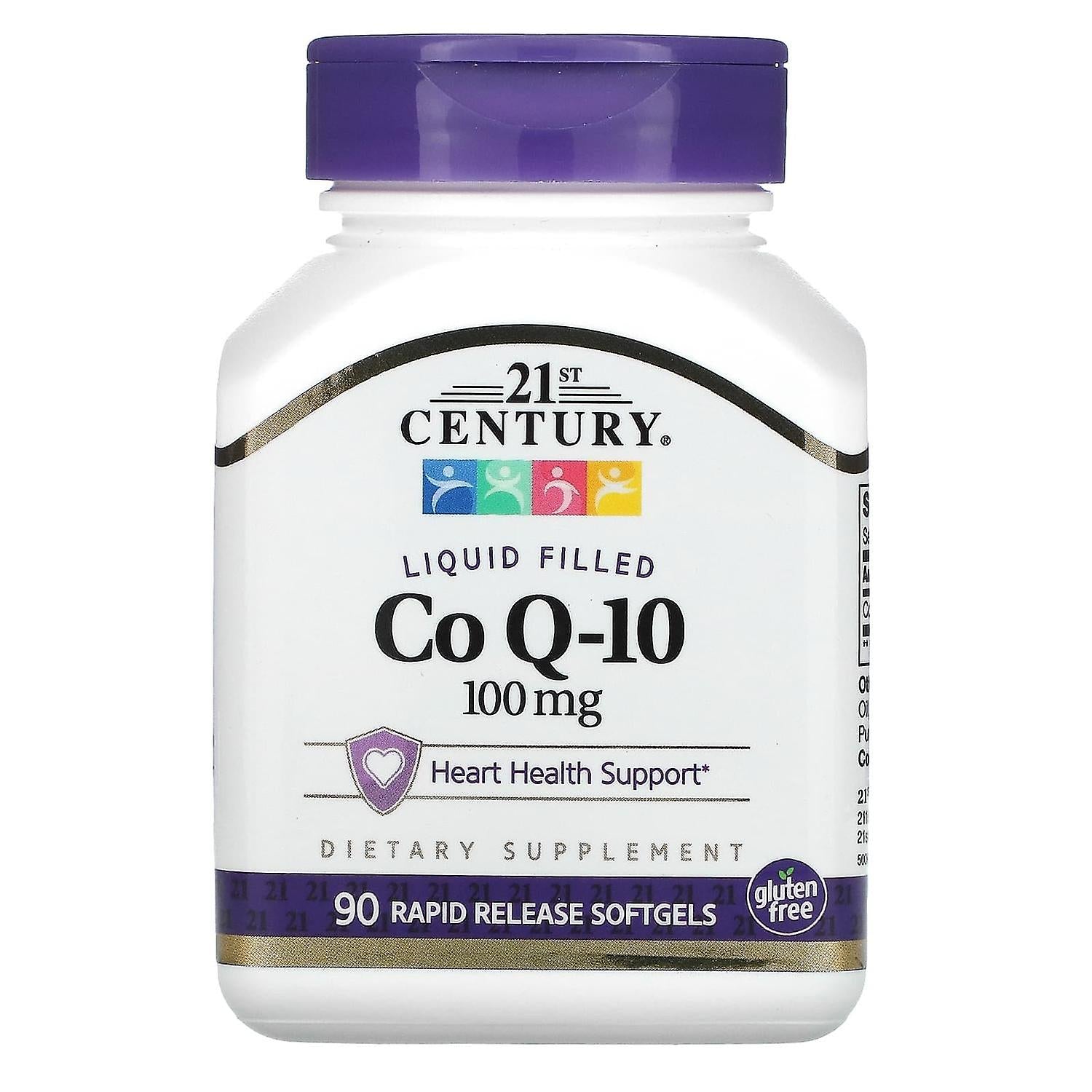 21st Century CoQ10 100 mg softgels, dietary supplement in clear softgel capsules, designed for heart health support.