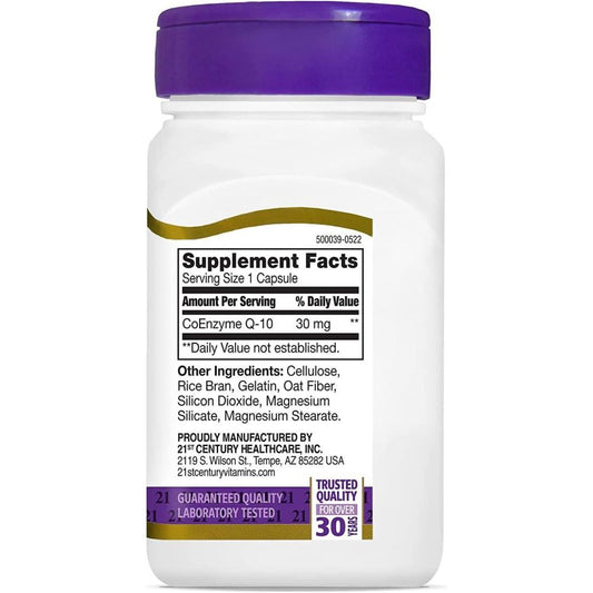 21st Century CoQ10 30 mg capsules, dietary supplement by Pasteur Pharmacy, shown in a bottle with capsules inside.