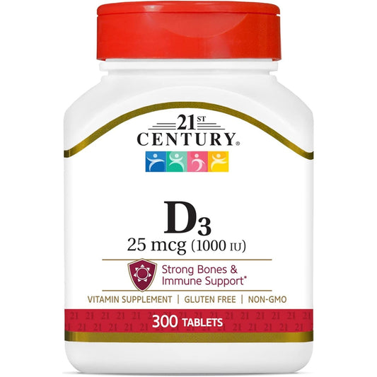 21st Century D3 1000 IU vitamin tablets by Pasteur Pharmacy, 300-count bottle of dietary supplement capsules.