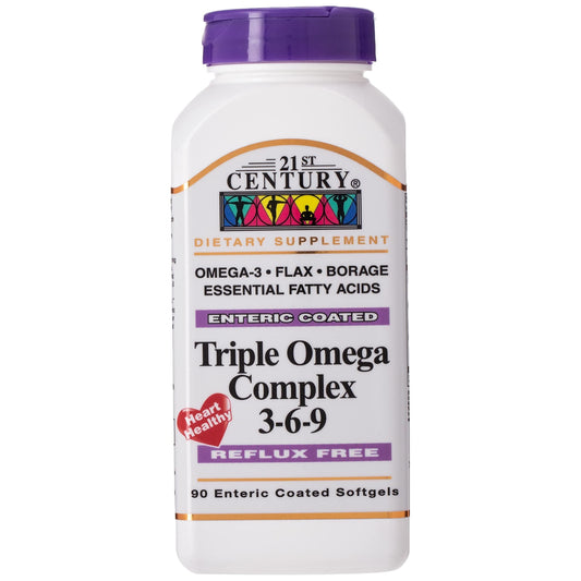 Three softgel capsules of 21st Century Enteric Coated Triple Omega Complex 3-6-9 vitamins and supplements by Pasteur Pharmacy