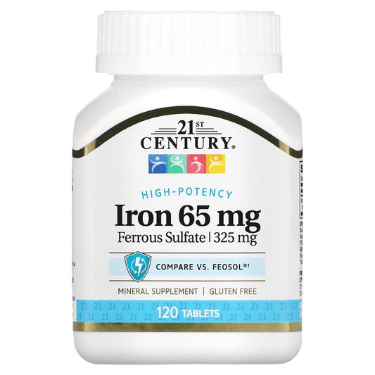 21st Century Ferrous Sulfate 65mg iron supplement bottle with 100 tablets, supporting iron deficiency and overall vitality.