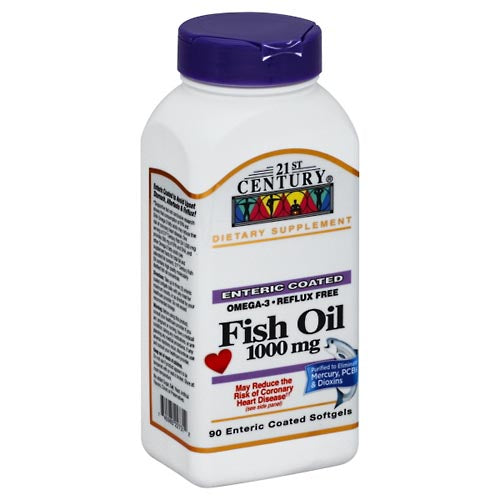 Bottle of 21st Century Fish Oil 1000 Mg enteric coated softgels from Pasteur Pharmacy, showing the softgel capsules and label.