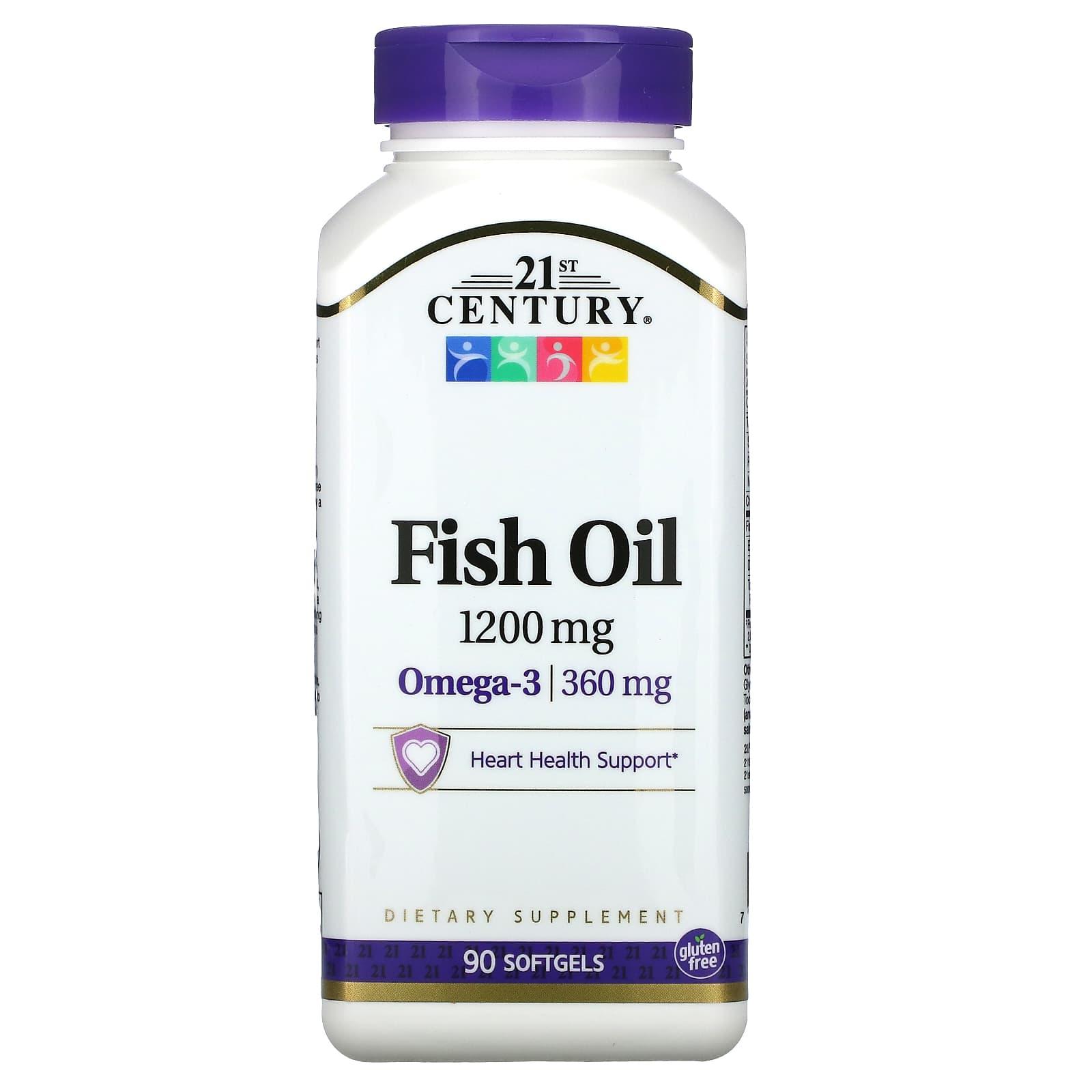Bottle of 21st Century Fish Oil 1200 mg softgels from Pasteur Pharmacy, showing the supplement capsules in a clear container.