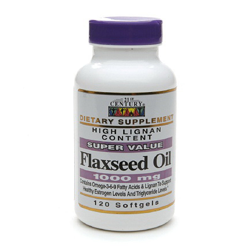 21st Century Flaxseed Oil softgels in a bottle, 1000 mg, dietary supplement for heart and skin health