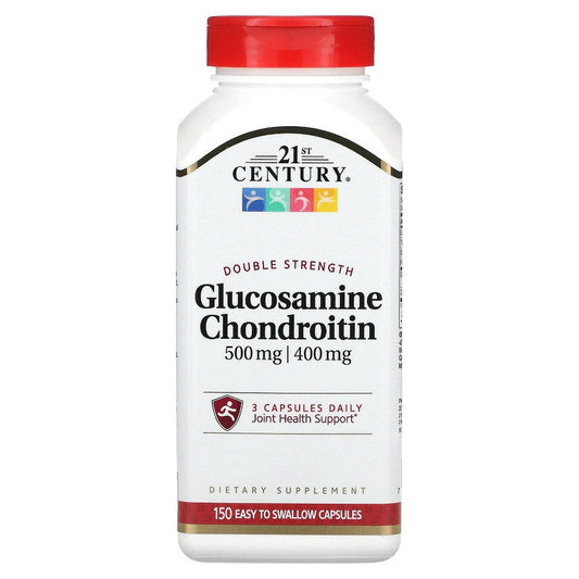Bottle of 21st Century Glucosamine 500mg and Chondroitin 400 capsules, a double strength joint health supplement by Pasteur Pharmacy