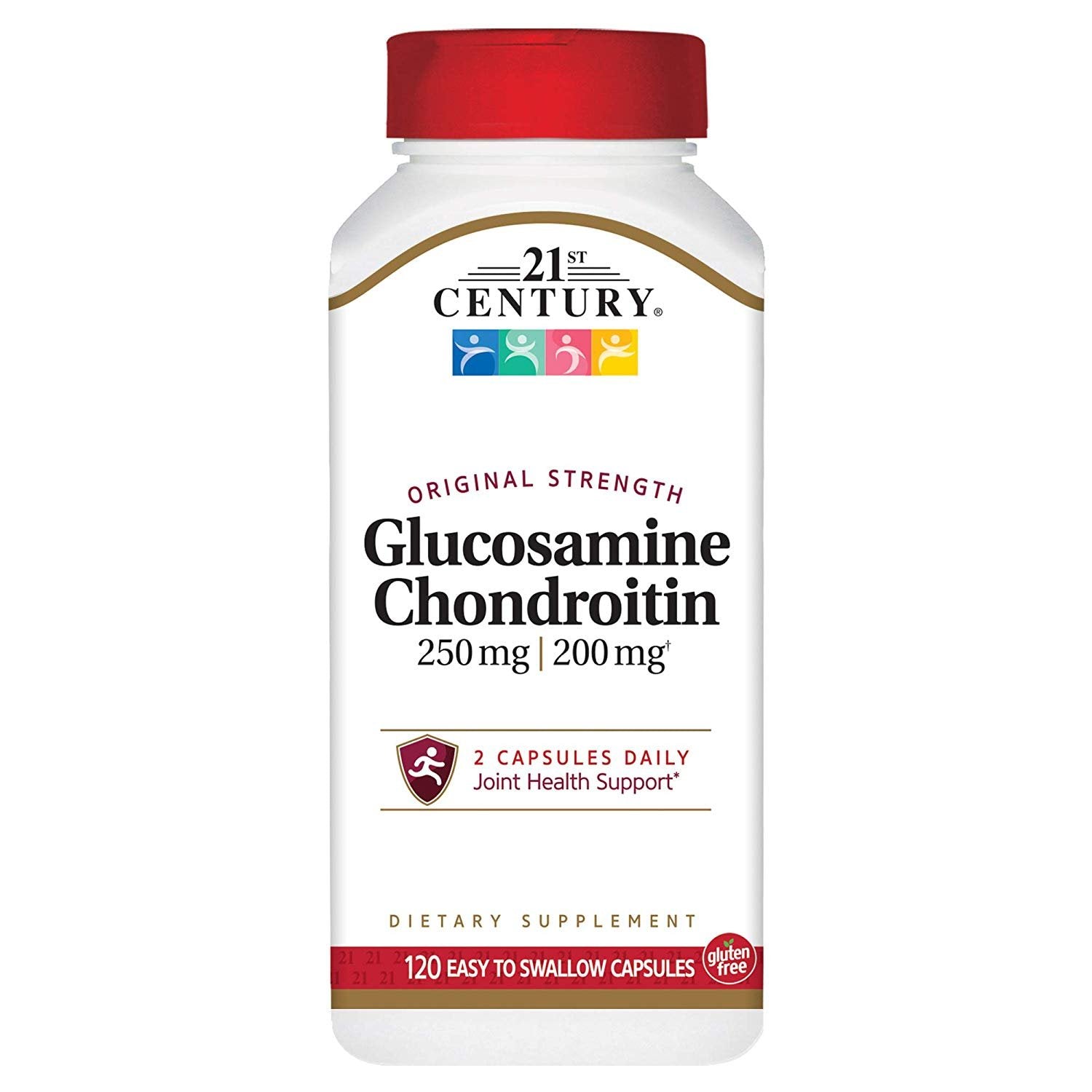 Bottle of 21st Century Glucosamine Chondroitin supplements with 120 easy-to-swallow capsules, for joint support.