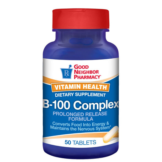 21st Century GNP Vitamin B-100 Complex supplement bottle with 50 prolonged release tablets, in a clear container.