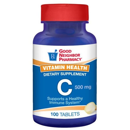 Bottle of 21st Century GNP Vitamin C 500mg supplement tablets, natural orange flavor, in a clear plastic bottle.
