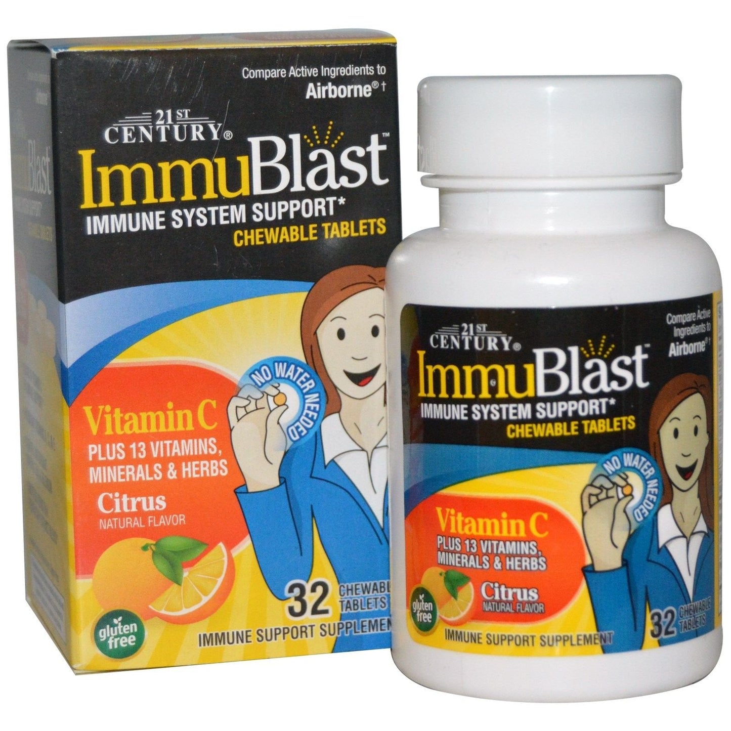 21st Century Immublast chewable tablets by Pasteur Pharmacy, citrus-flavored vitamins and supplements in a bottle.