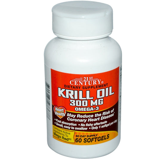 21st Century Krill Oil 350mg softgels, dietary supplement bottle from Pasteur Pharmacy, containing omega-3 fish oil capsules.