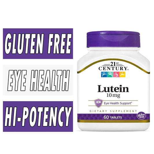 21st Century Lutein 10 mg tablets, vitamins and supplements, showing a bottle with orange and white label and capsules inside.