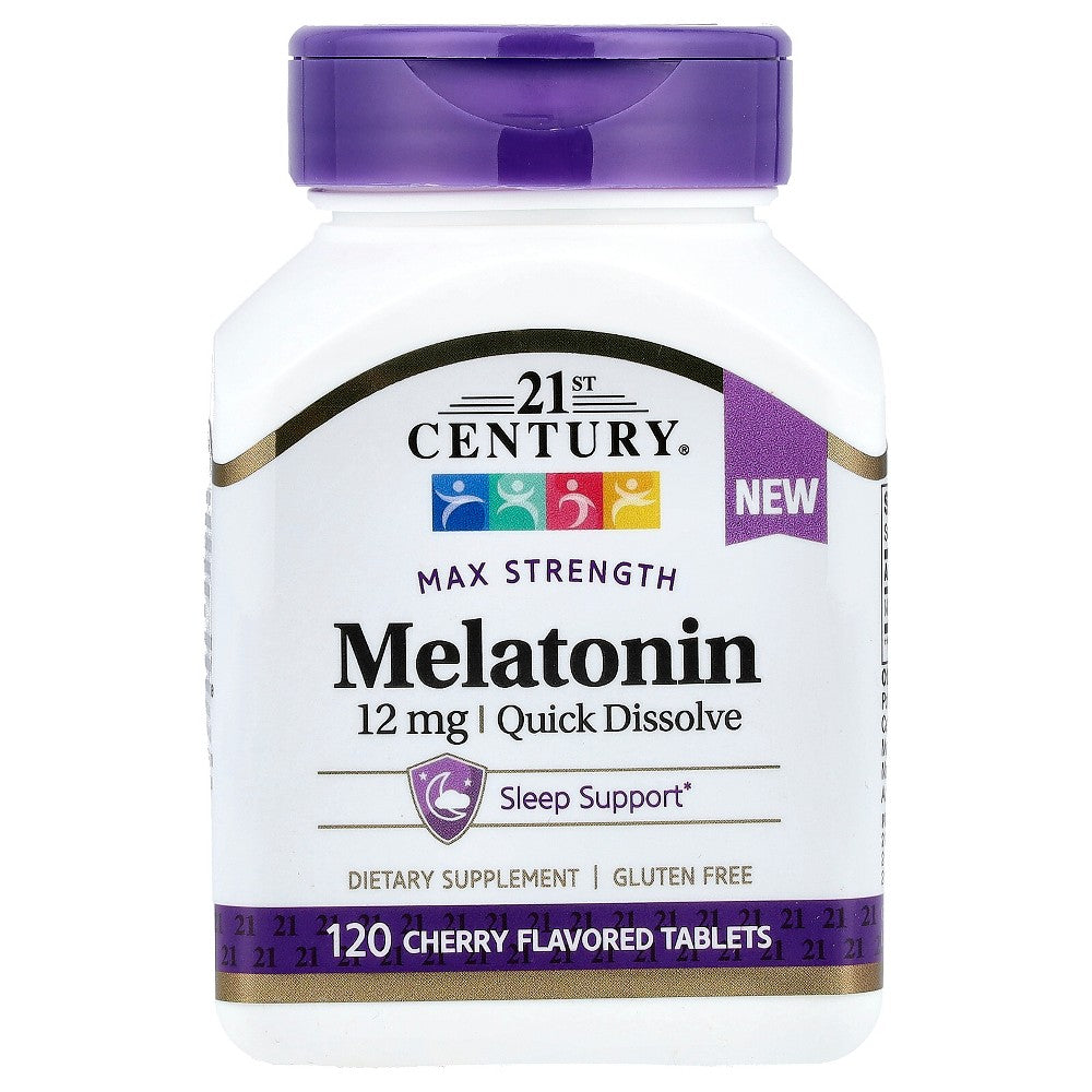 21st Century Max Strength Melatonin cherry flavor tablets, 12mg, supplement for sleep, 120-count bottle.