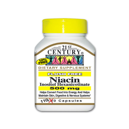 Bottle of 21st Century Niacin 500 mg flush-free multivitamin capsules from Pasteur Pharmacy, showing 110 capsules in the container.