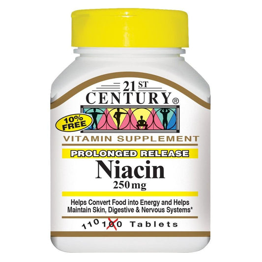 21st Century Niacin prolonged release 250 mg tablets, dietary supplement, shown in blister pack for heart health support.