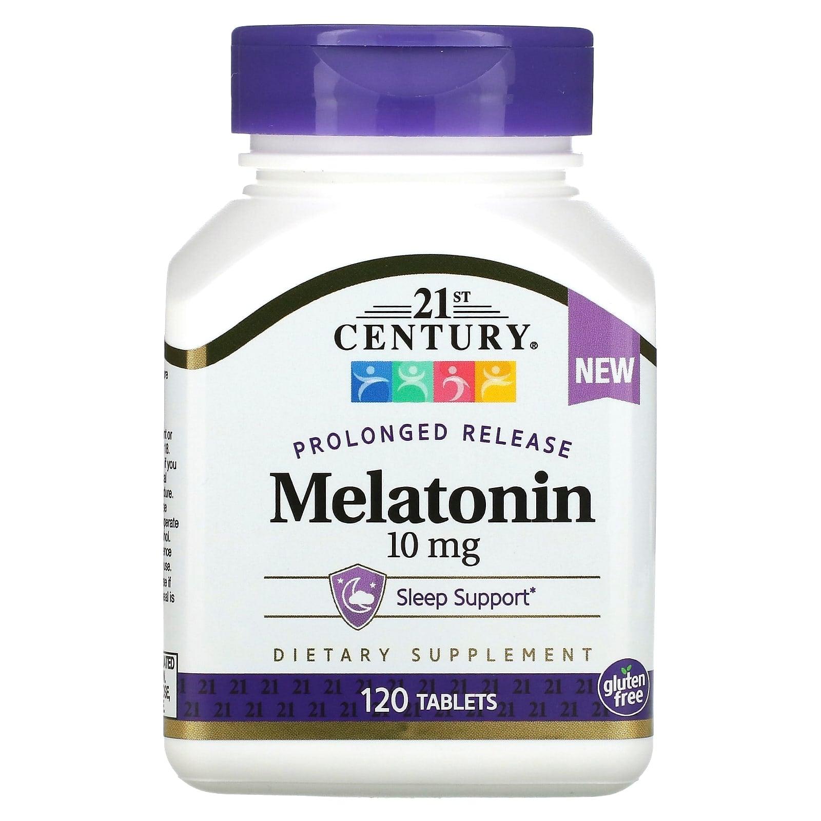 21st Century Prolonged Release Melatonin 10mg supplement bottle with 120 tablets, in vitamin and supplement packaging.