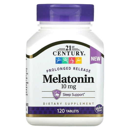21st Century Prolonged Release Melatonin 10mg supplement bottle with 120 tablets, in vitamin and supplement packaging.