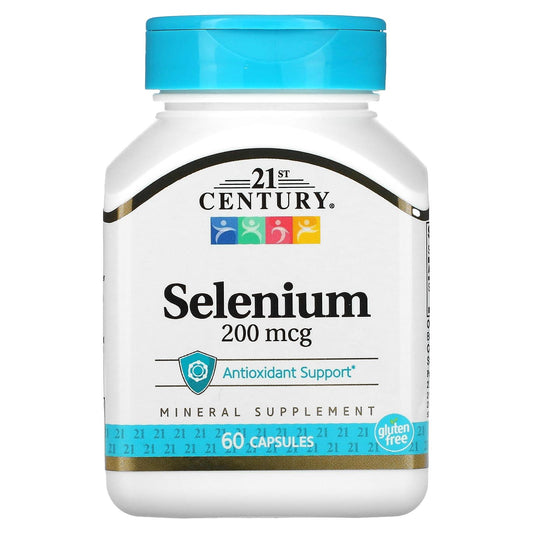 Close-up of 21st Century Selenium 200 mcg capsules in a bottle, from Pasteur Pharmacy, part of the Vitamins & Supplements collection.