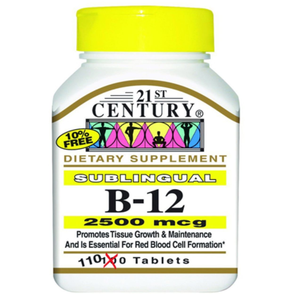 Bottle of 21st Century Vitamin B-12 2500 mcg supplements in 110-count bottle from Pasteur Pharmacy.