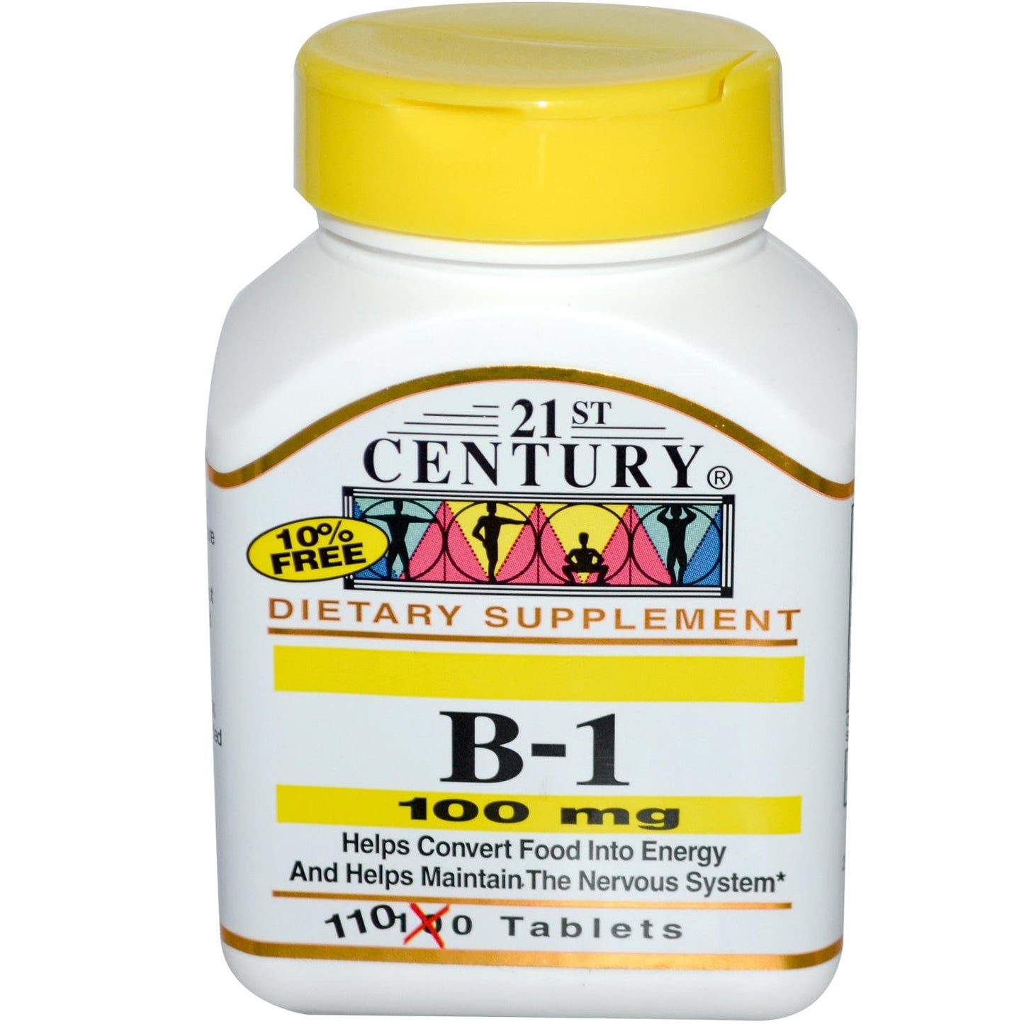 Bottle of 21st Century Vitamin B1 100 mg tablets from Pasteur Pharmacy, showing the supplement tablets in a clear container.