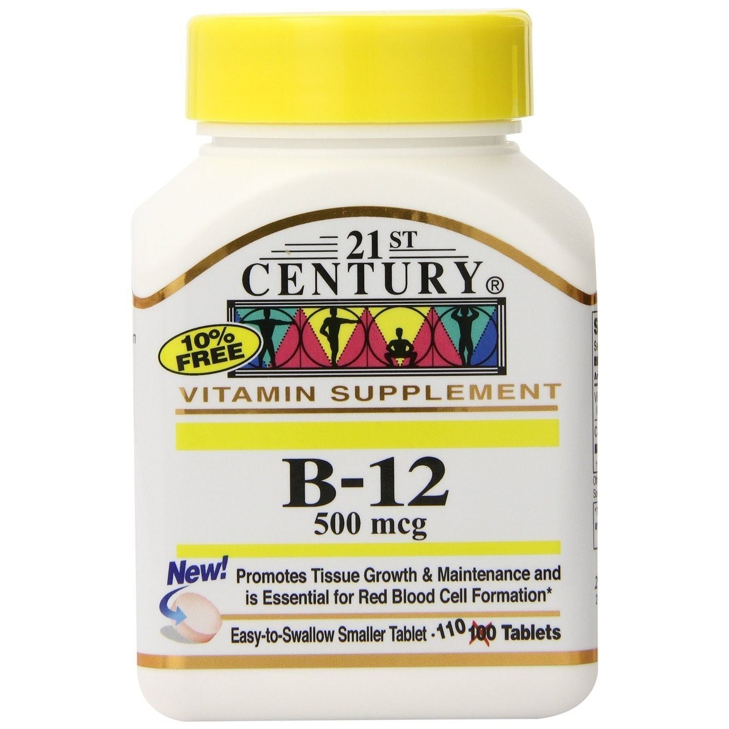 Bottle of 21st Century Vitamin B12 500 mcg tablets by Pasteur Pharmacy, containing 110 dietary supplement tablets.