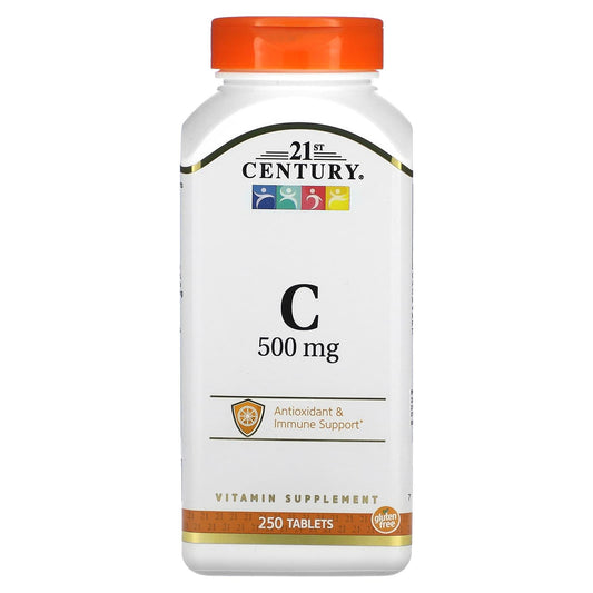 21st Century Vitamin C 500 mg tablets in a bottle, dietary supplement for immune support, by Pasteur Pharmacy.