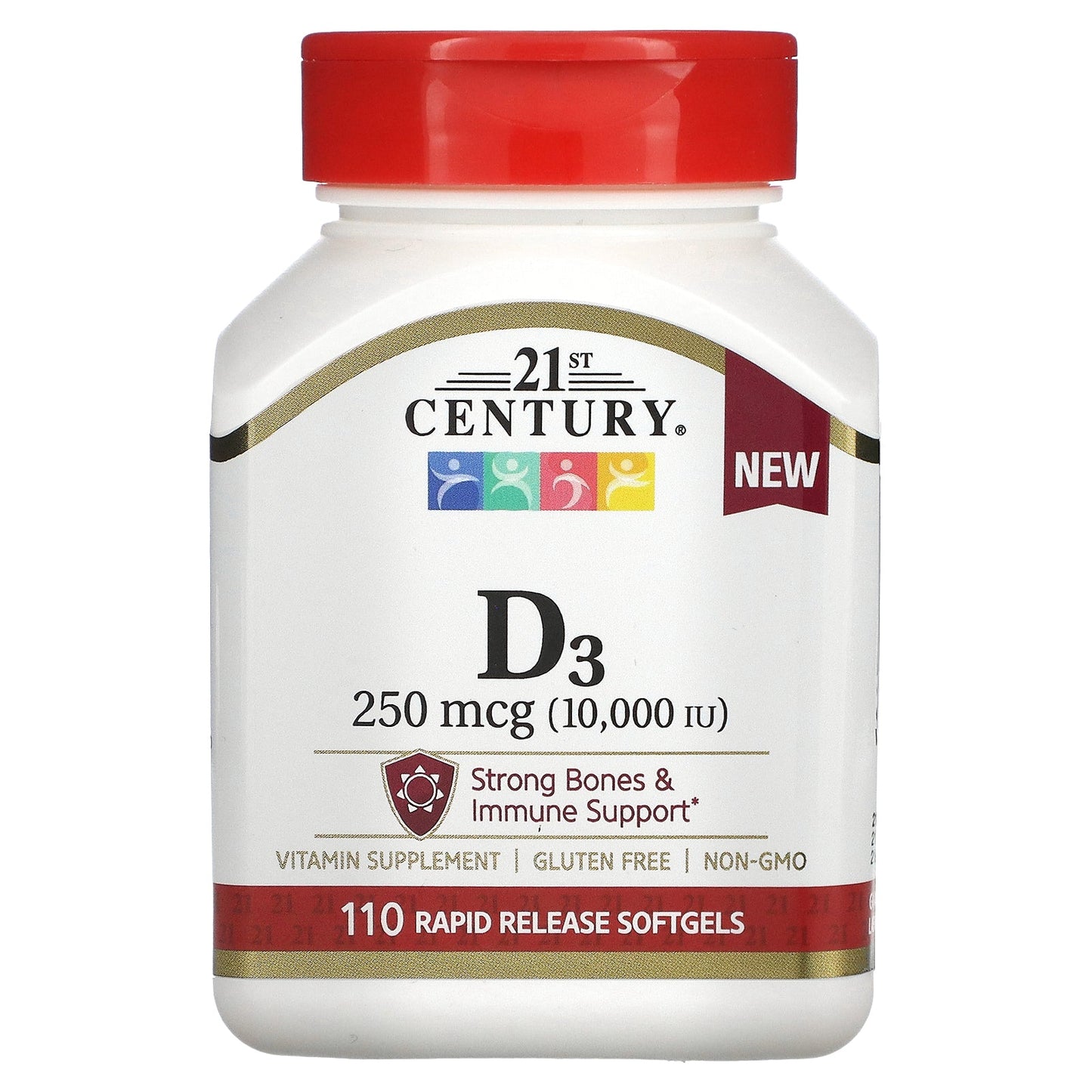 Bottle of 21st Century Vitamin D3 10000 IU tablets from Pasteur Pharmacy, featuring 110 supplement tablets for immune support.
